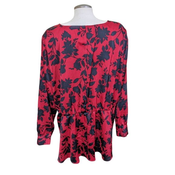 Lane Bryant Blouse Womens Size 26 Red Black Floral Peplum Long Sleeve Keyhole - Picture 6 of 8